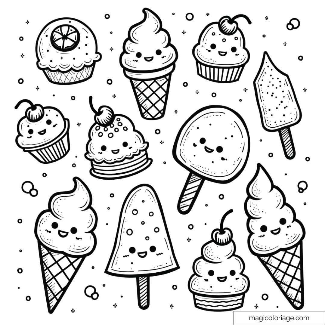 Dessin à colorier de glaces en cône et en bâtonnet, avec des cupcakes mignons et souriants, idéal pour les amateurs de gourmandises.