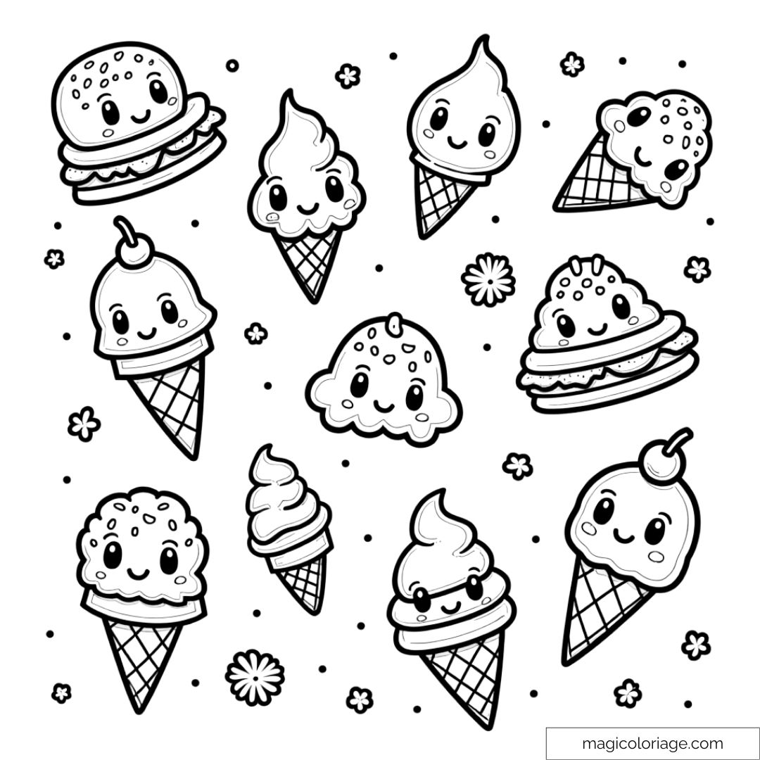 Dessin à colorier de glaces et desserts mignons avec des visages souriants, parfait pour un coloriage joyeux et sucré.