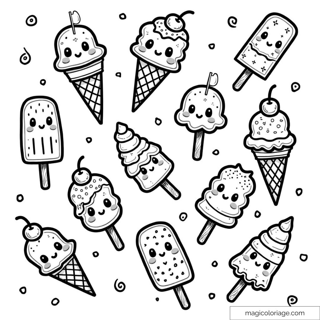 Dessin à colorier de glaces en cône et en bâtonnet avec des visages mignons et souriants.