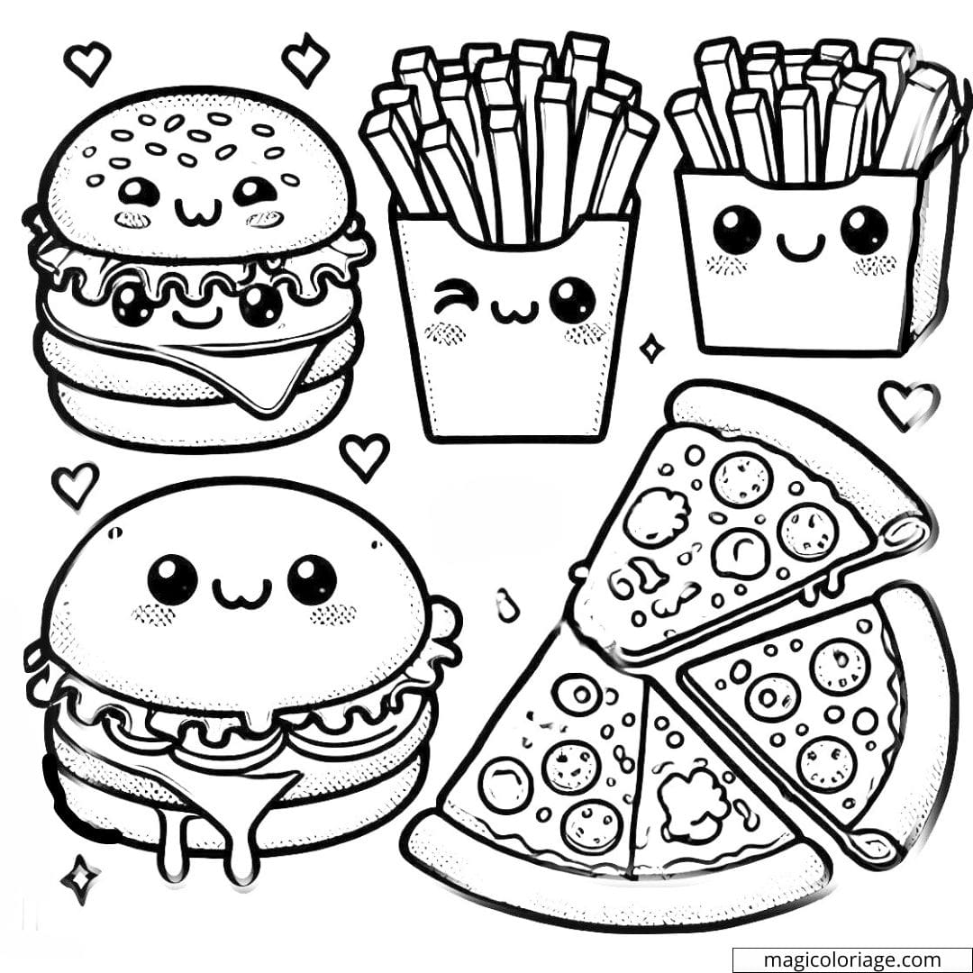 Coloriage de hamburger, hot-dog, frites, pizza et sandwich kawaii avec des expressions joyeuses, dessin à colorier à imprimer pour enfants