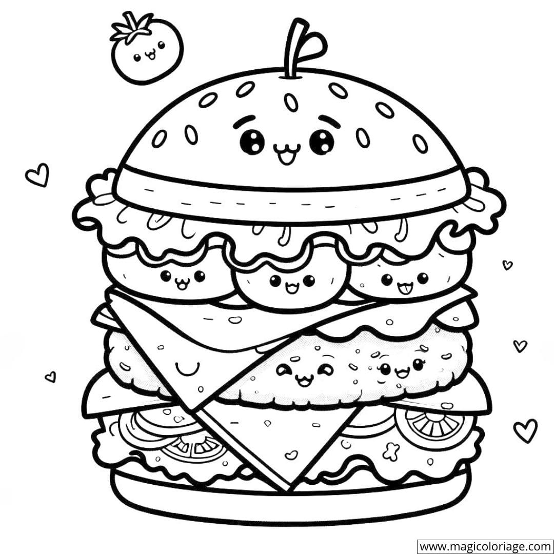 Dessin à colorier d'un hamburger kawaii avec chaque ingrédient souriant
