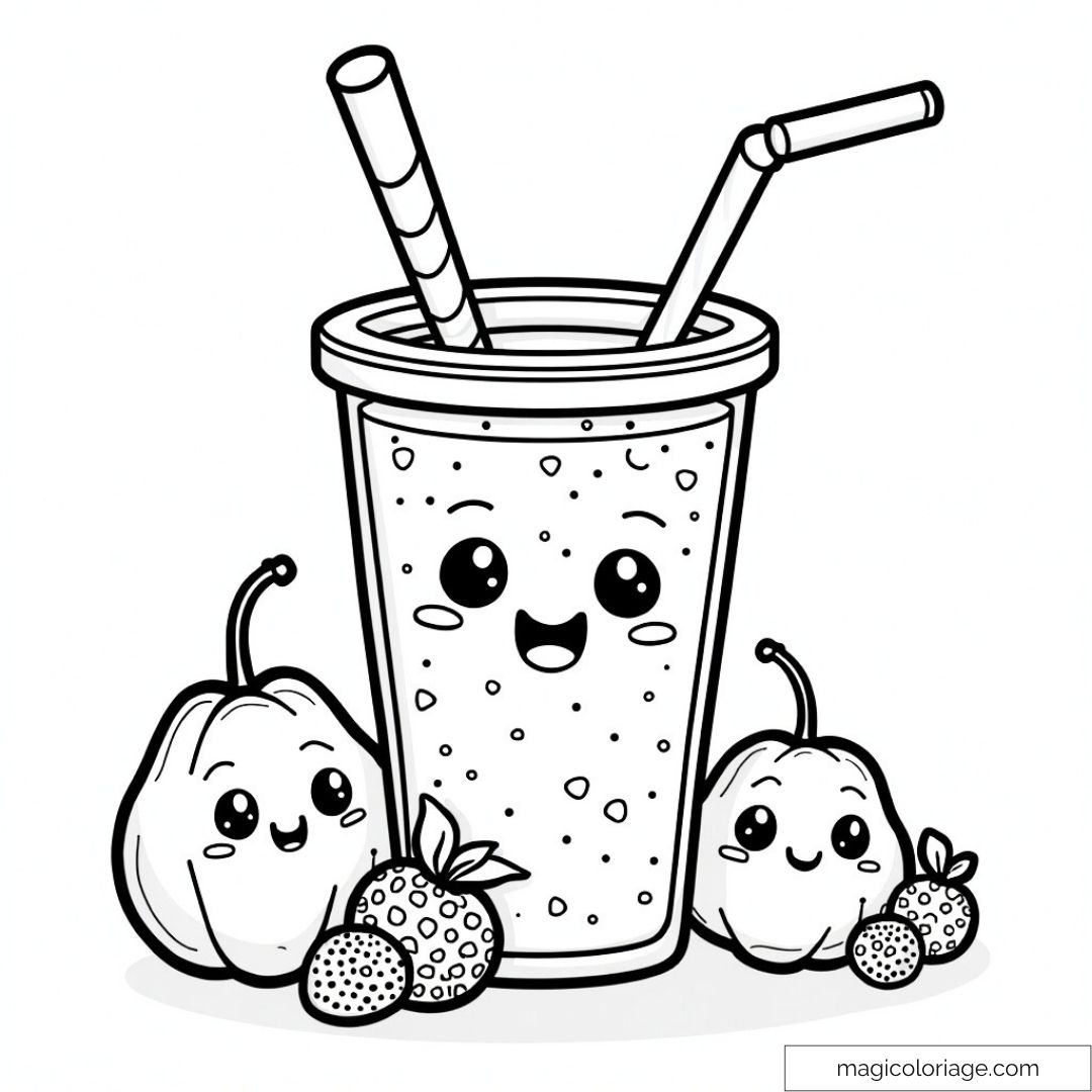 Dessin de smoothie kawaii avec fruits joyeux