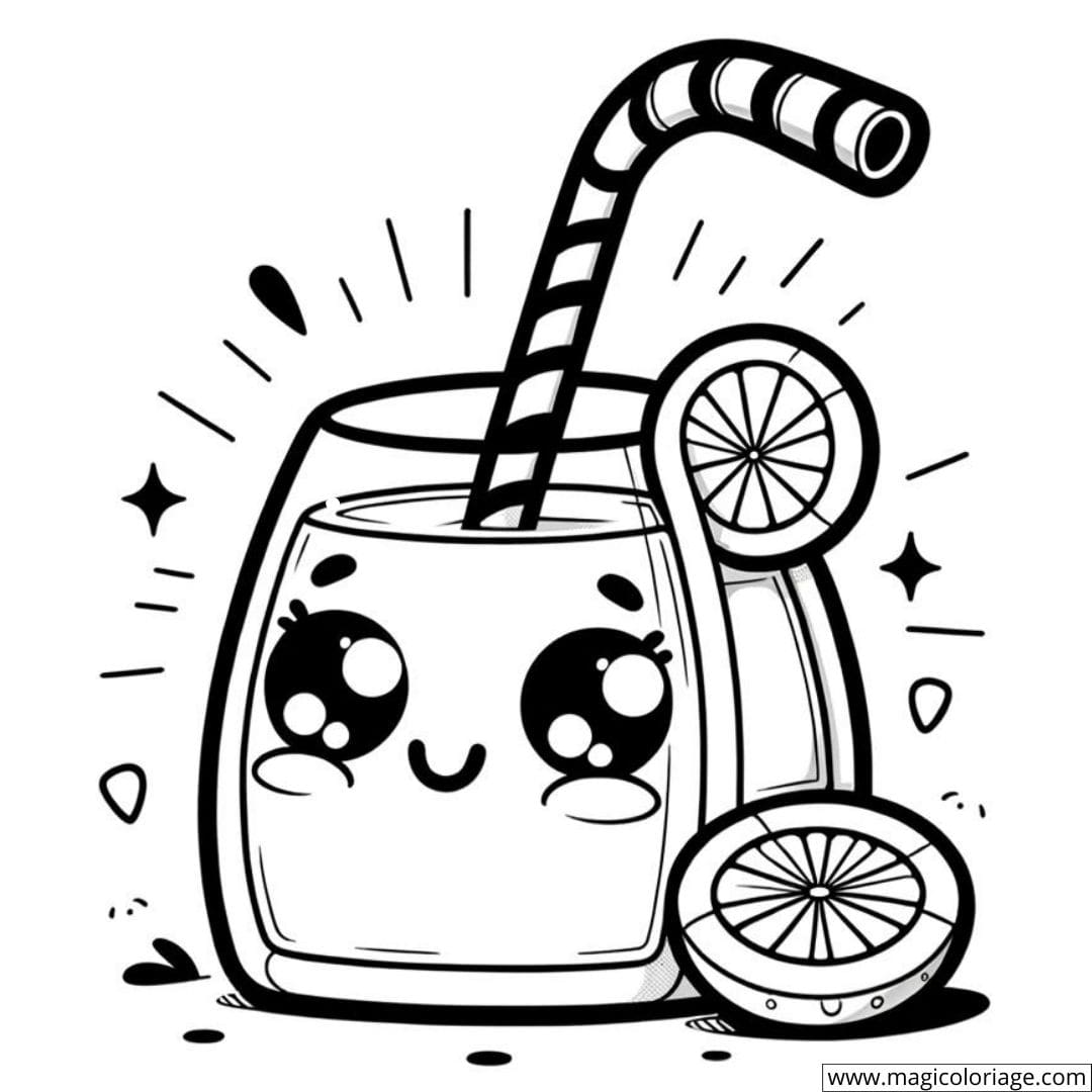 Dessin à colorier d'un jus d'orange kawaii avec paille