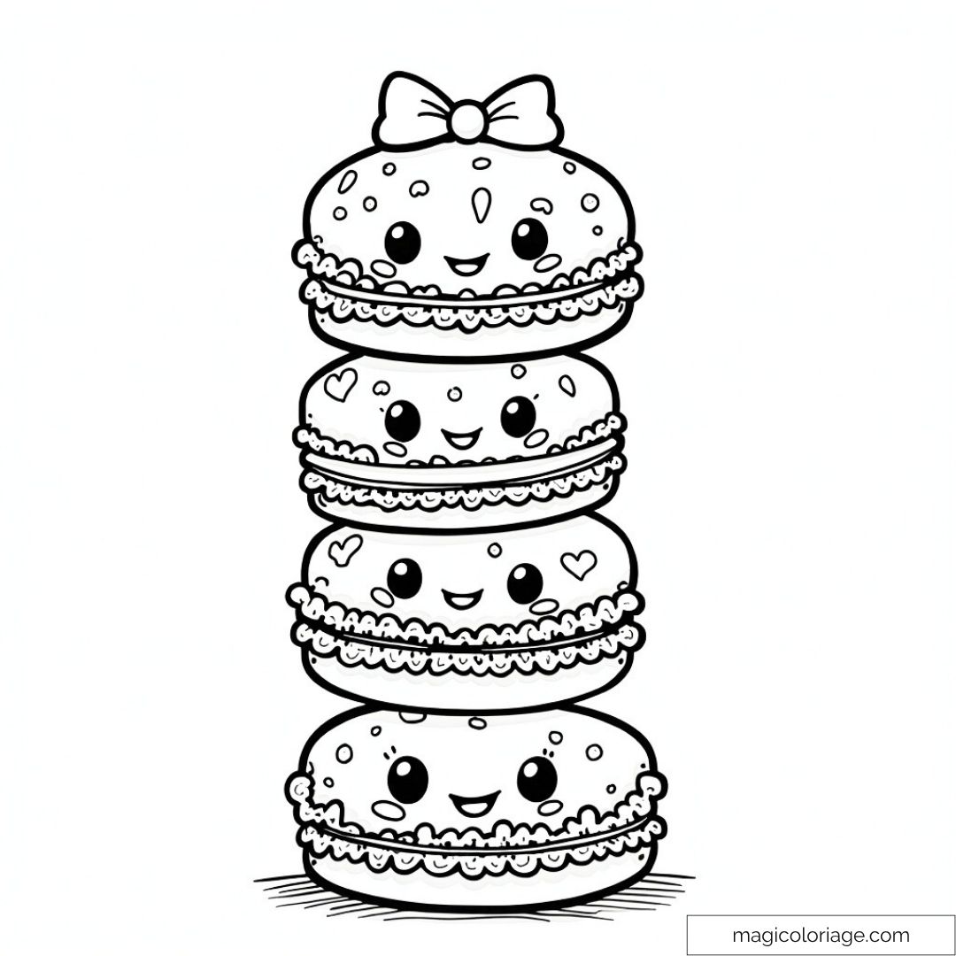 Dessin de macarons kawaii empilés avec visages souriants