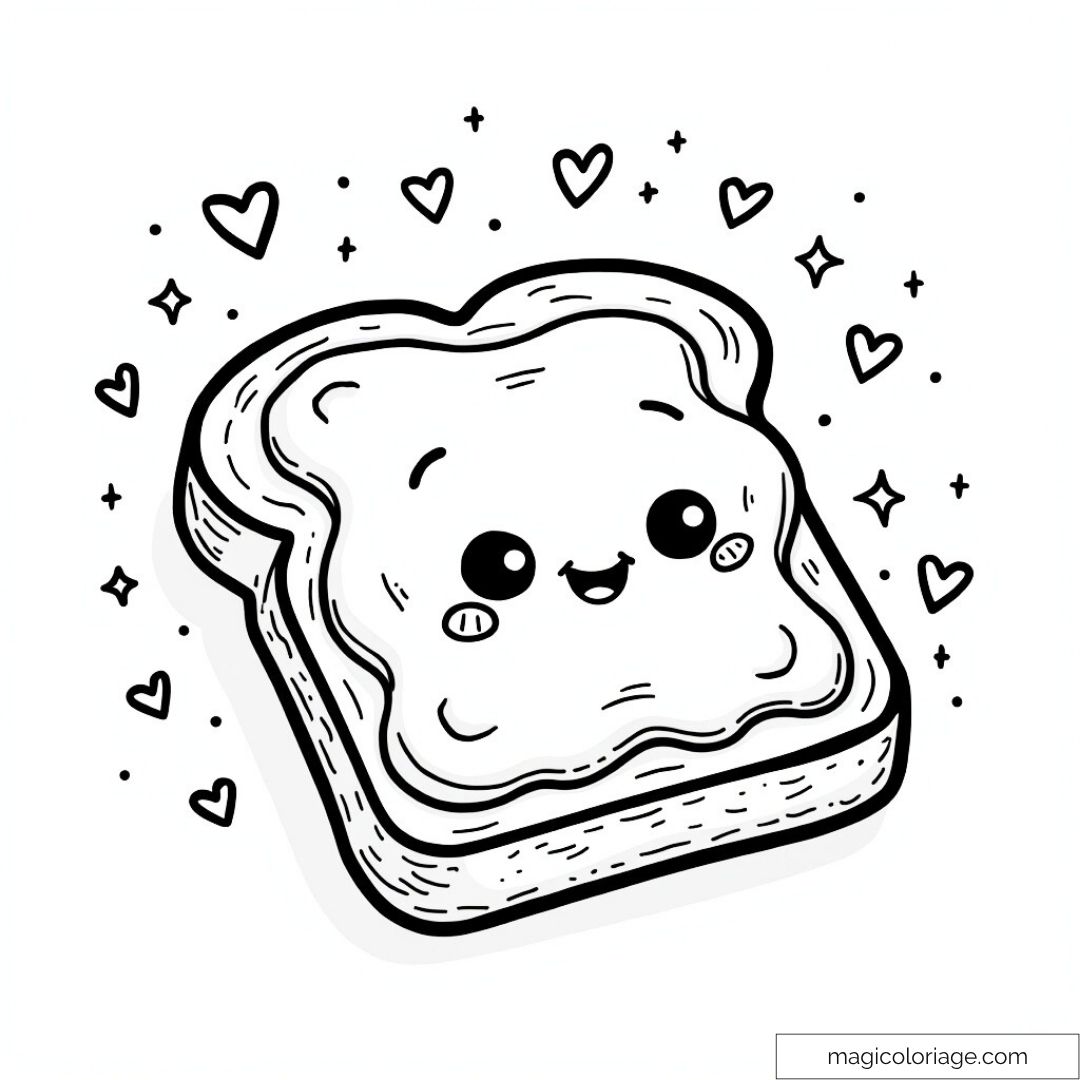 Dessin de tartine kawaii entourée de coeurs et étoiles mignons.