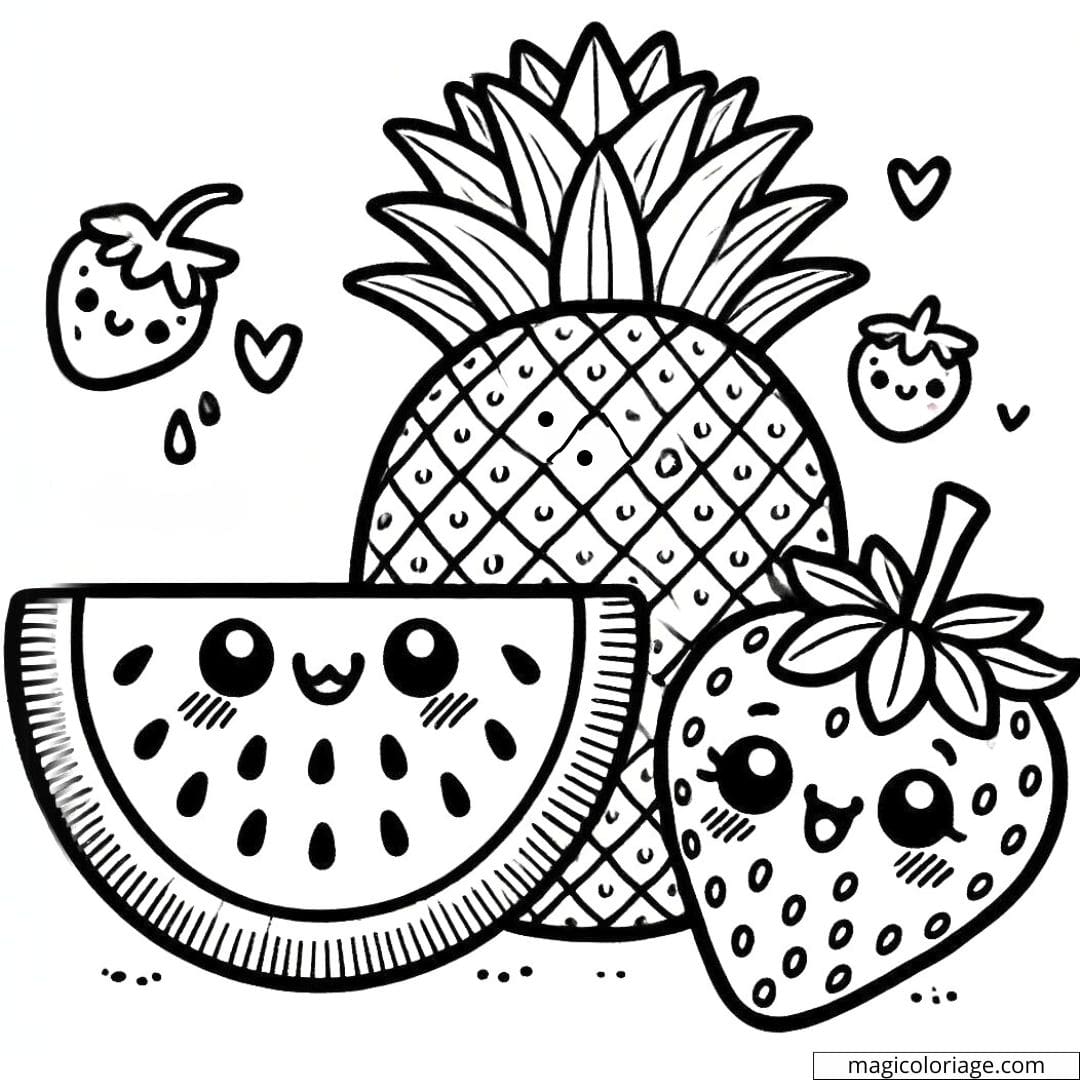 Coloriage de pastèque, ananas et fraise kawaii avec des sourires adorables, dessin à colorier à imprimer pour enfants