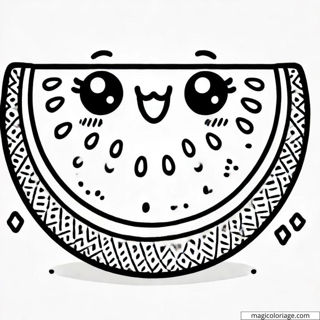 Dessin à colorier d'une pastèque kawaii avec un grand sourire, coloriage à imprimer pour enfants