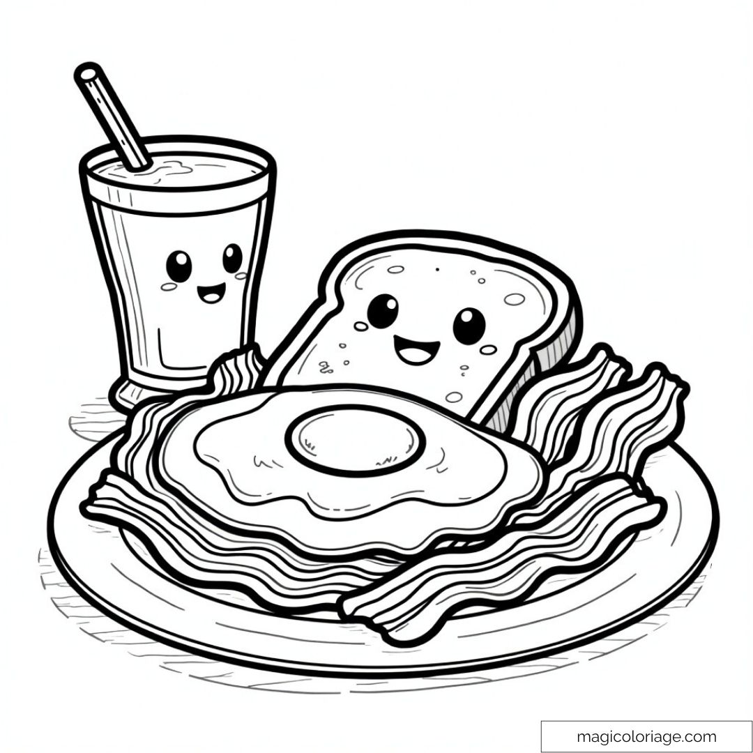 Dessin de petit-déjeuner joyeux avec toasts et boisson adorable