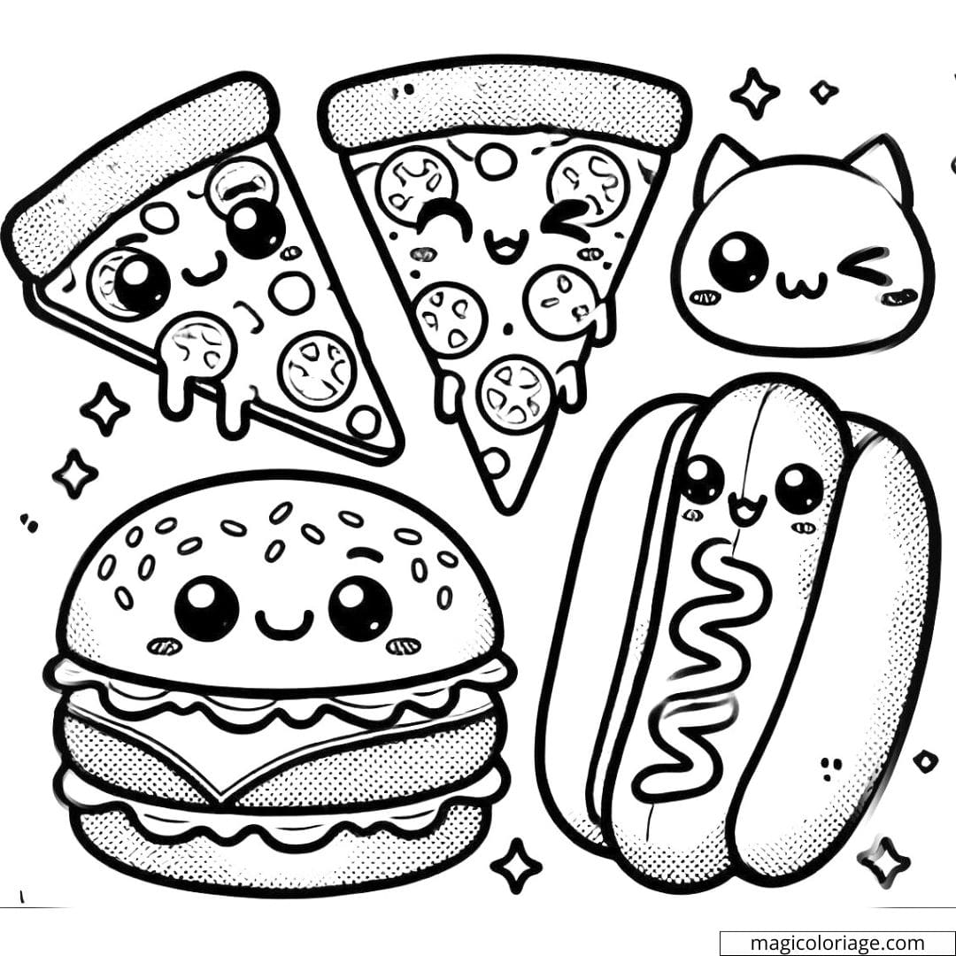 Dessin à colorier de pizza, hamburger et hot-dog kawaii avec des clins d'œil, coloriage à imprimer pour enfants