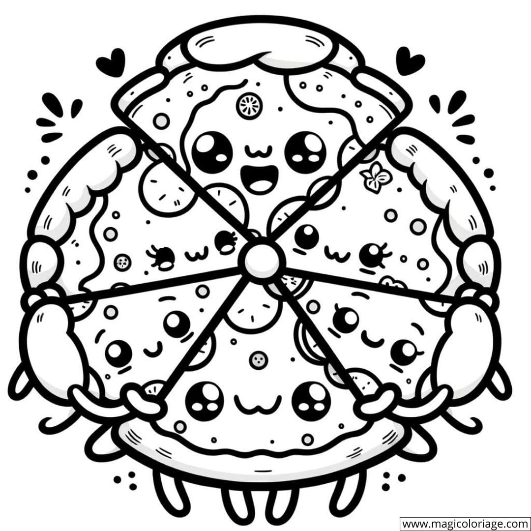 Dessin à colorier d'une pizza kawaii amicale