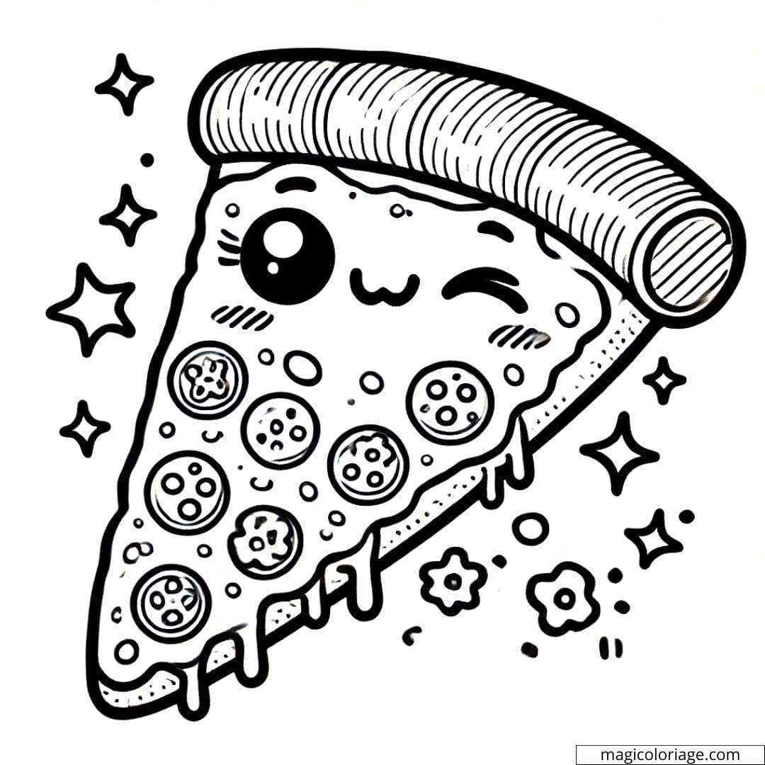 Coloriage d'une pizza kawaii avec un clin d'œil, dessin à colorier pour enfants