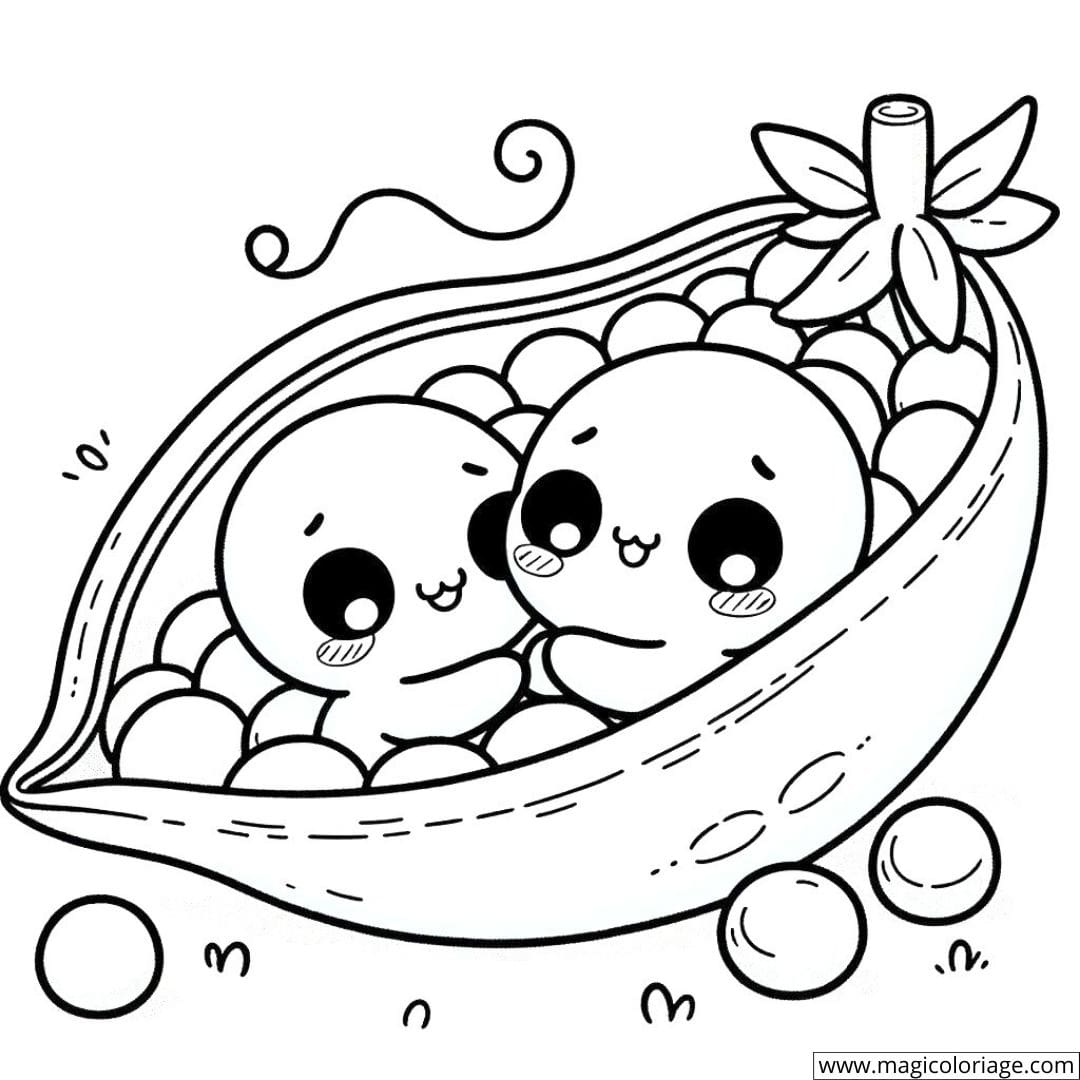Dessin à colorier de pois kawaii dans une cosse