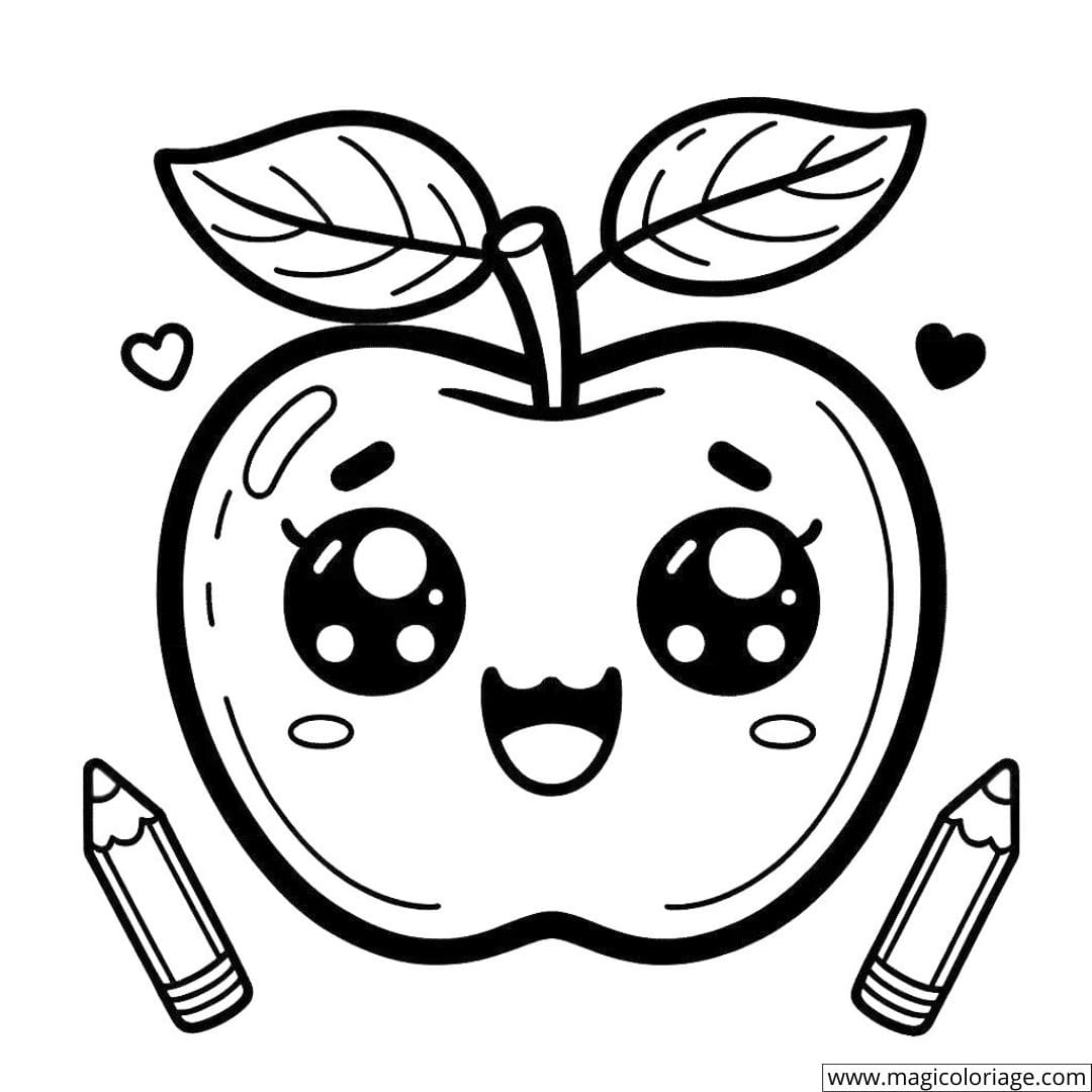 Dessin à colorier d'une pomme kawaii souriante
