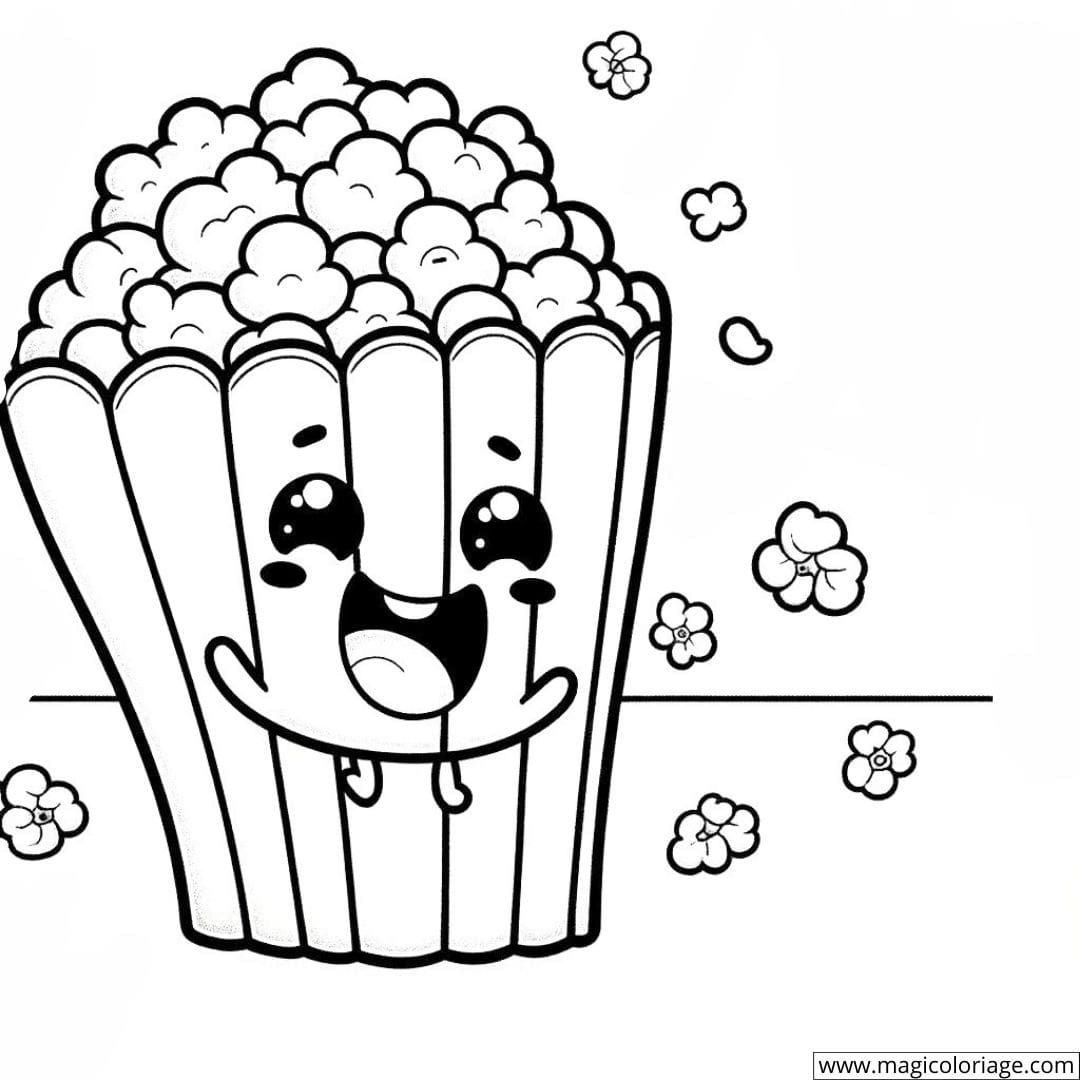 Dessin à colorier d'un popcorn kawaii éclatant de rire