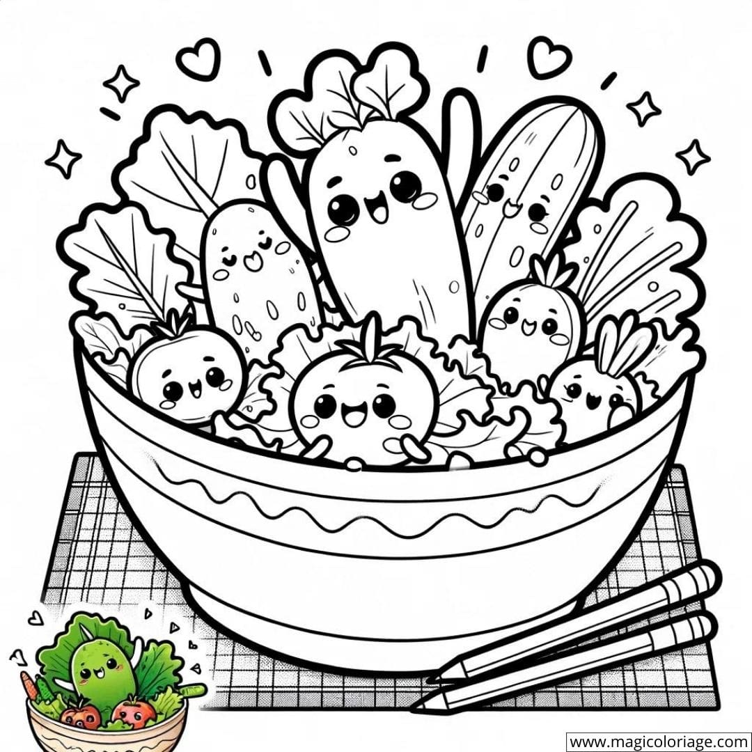 Dessin à colorier d'une salade kawaii dansant dans un bol
