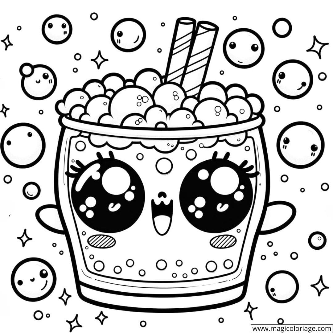Dessin à colorier d'un soda kawaii avec des bulles rigolotes