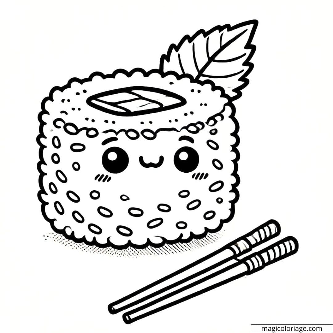 Coloriage d'un sushi kawaii avec un visage heureux, dessin à colorier à imprimer pour enfants