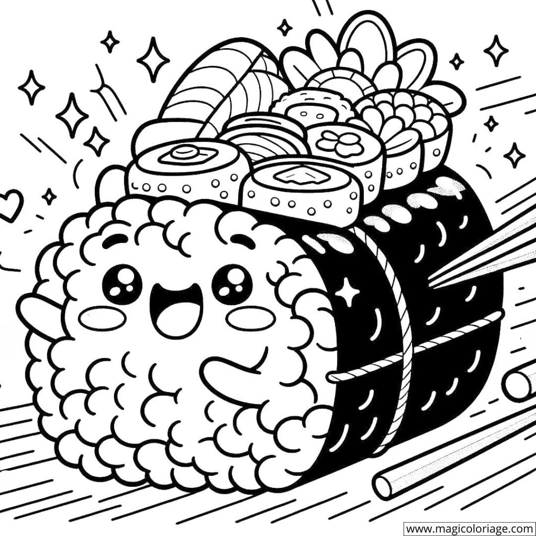 Dessin à colorier d'un sushi kawaii roulant de bonheur