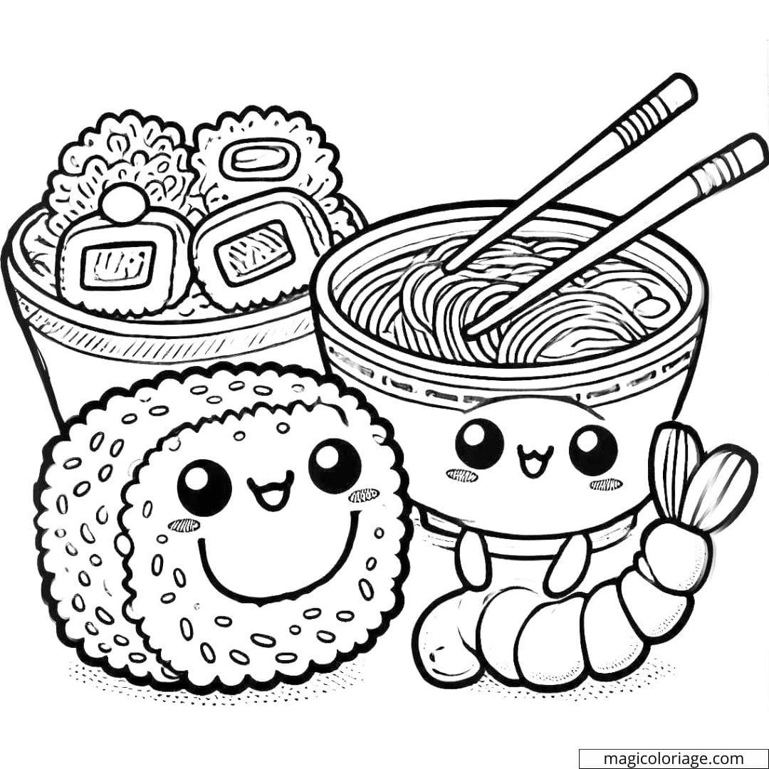 Dessin à colorier de sushi, ramen et tempura kawaii, coloriage à imprimer pour enfants