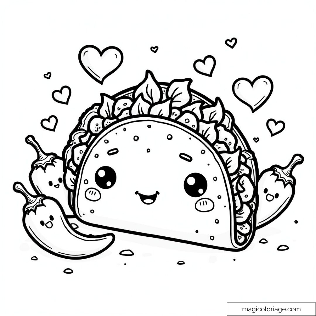 Dessin taco mignon entouré de piments et de cœurs à colorier