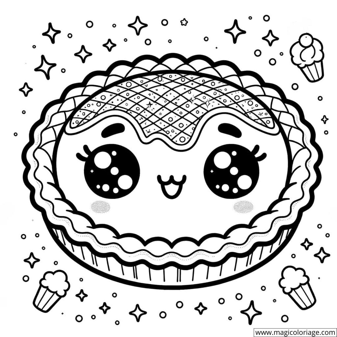 Dessin à colorier d'une tarte kawaii avec une garniture étincelante