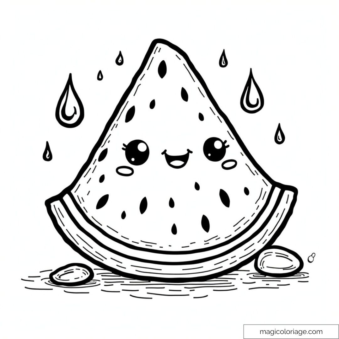 Coloriage pastèque kawaii avec visage joyeux et gouttes d'eau.