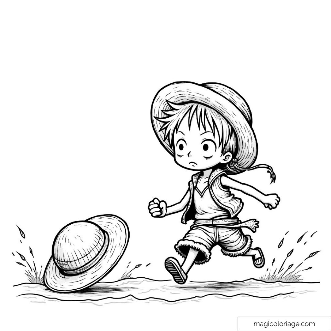 Dessin de Luffy de One Piece courant avec son chapeau