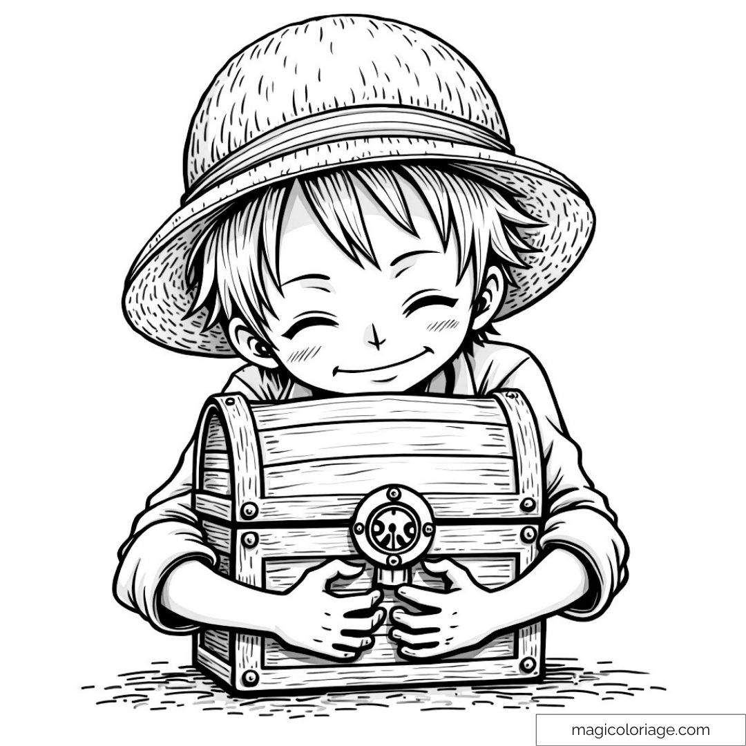 Coloriage en noir et blanc de Luffy avec un coffre