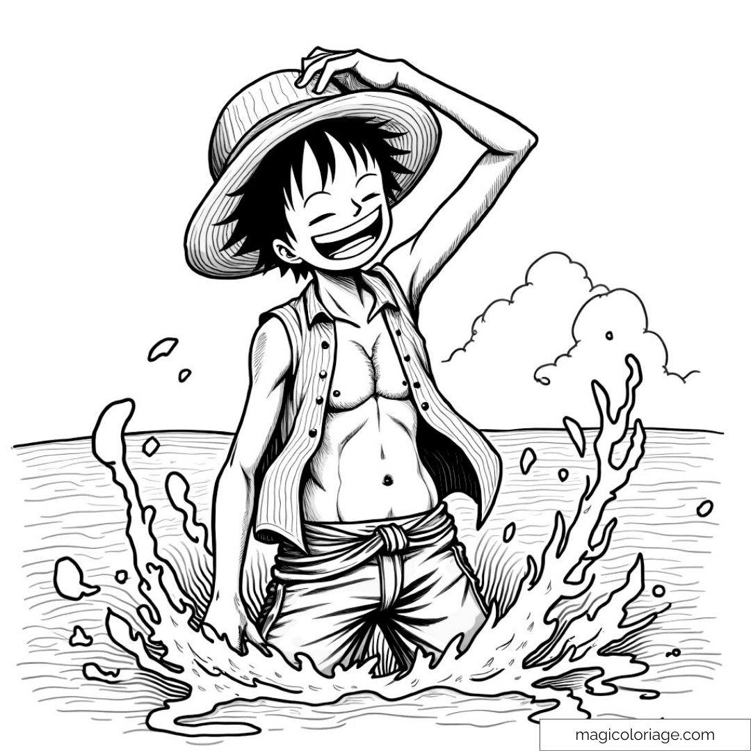 Luffy joyeux dans l'eau avec des éclaboussures et un ciel dégagé.