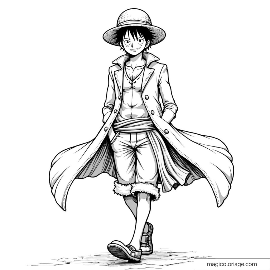 Coloriage de Luffy en manteau long et chapeau