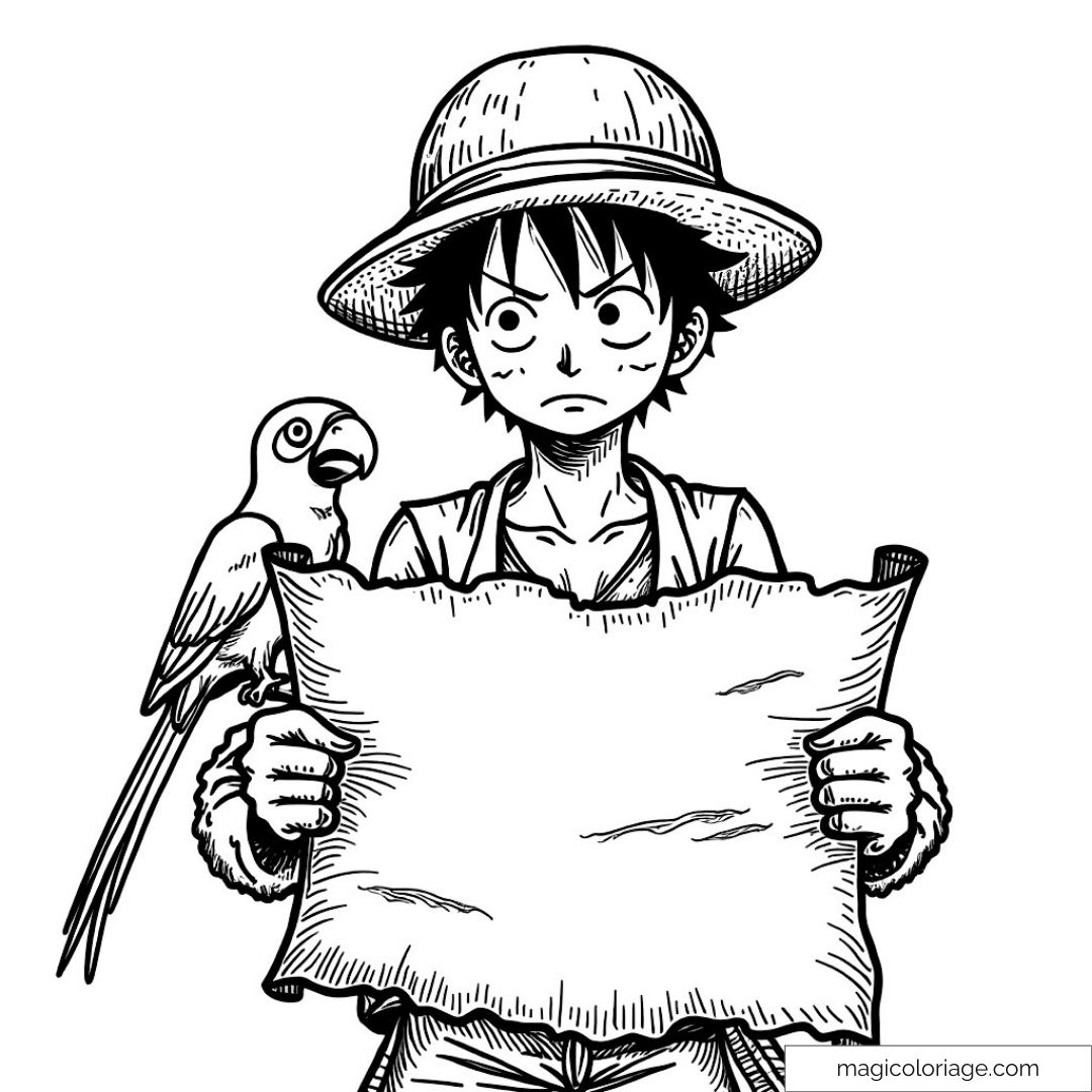 Dessin de Luffy tenant une carte avec un perroquet sur l'épaule.