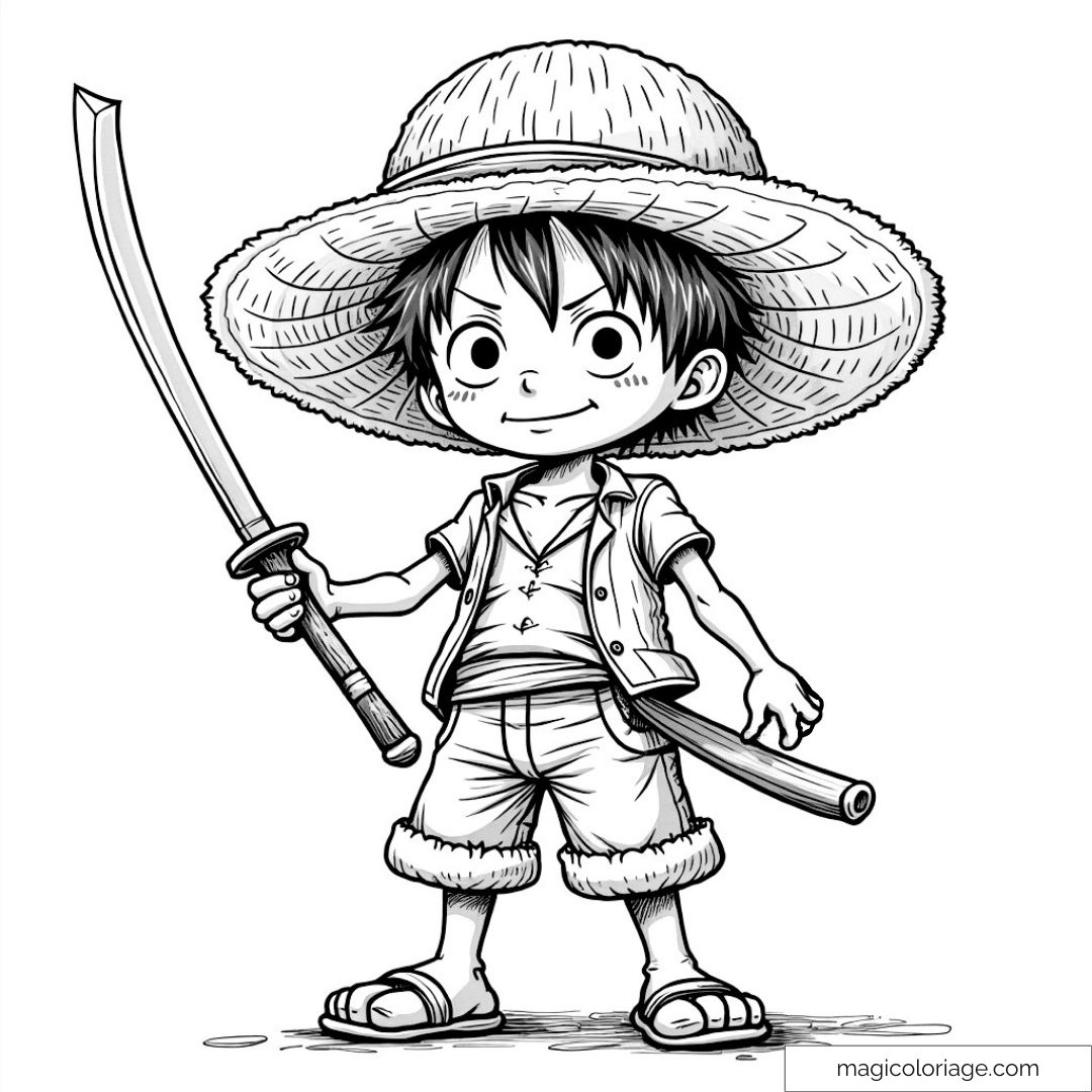 Dessin de Luffy avec chapeau de paille et katana à colorier.