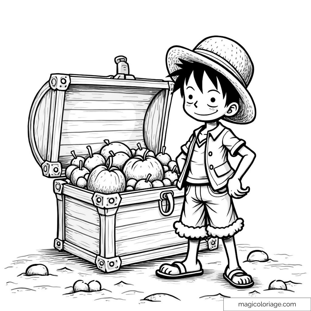 Luffy souriant devant un coffre rempli de pommes à colorier.