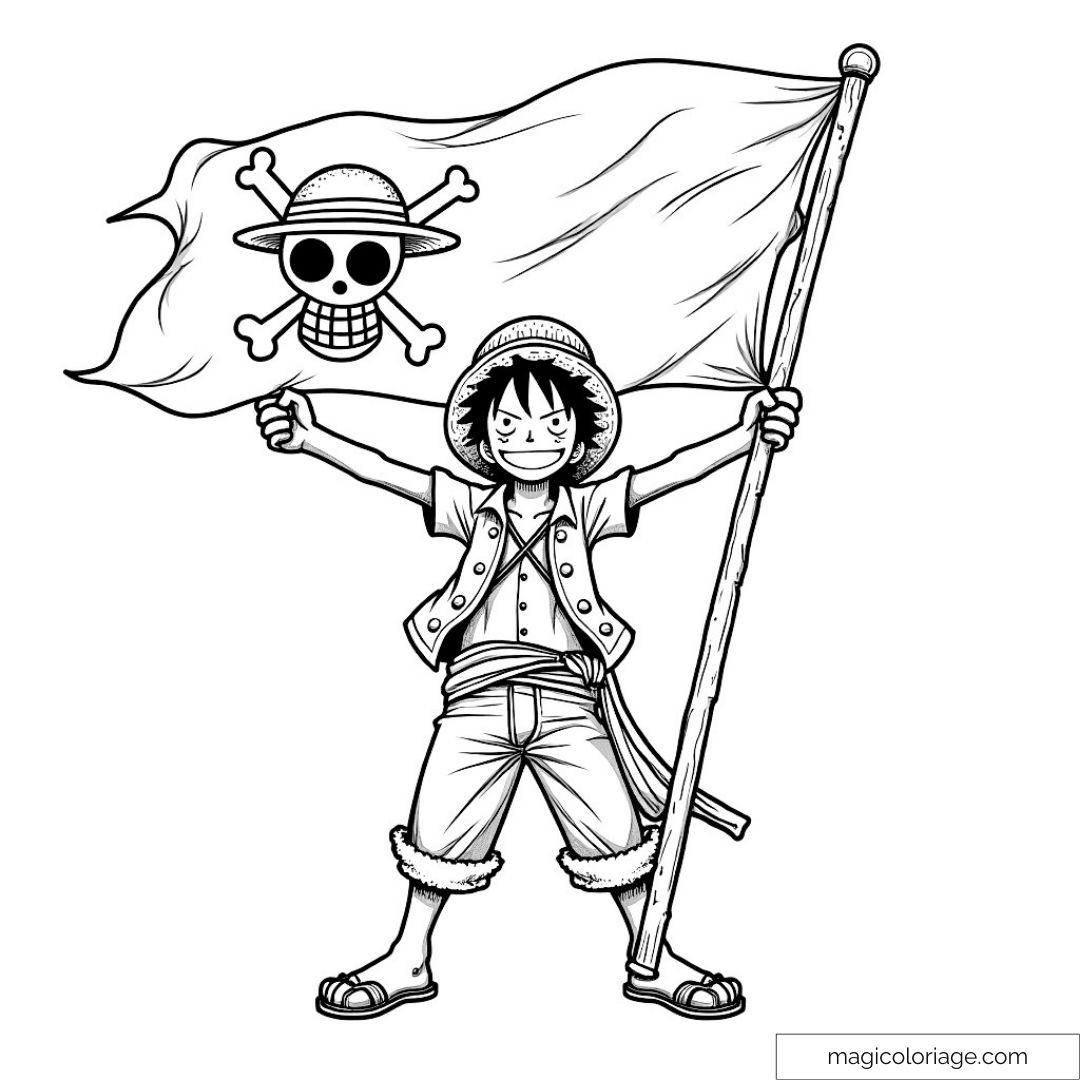 Luffy tenant un drapeau pirate