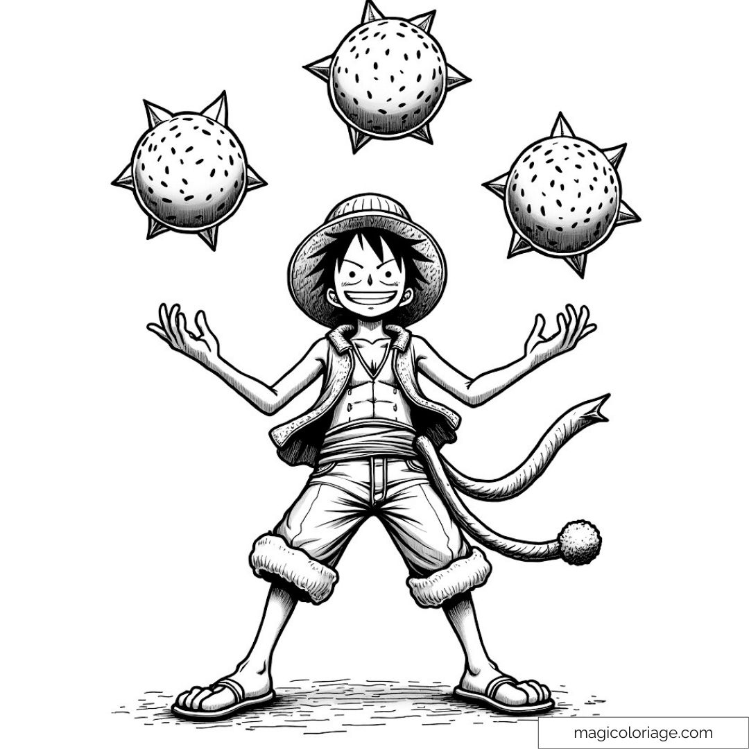 Luffy de One Piece jonglant avec des fruits en l'air