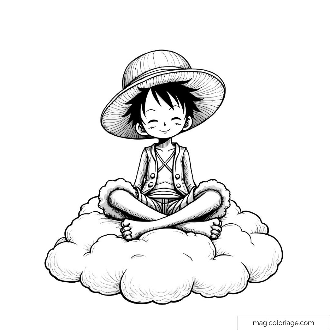 Dessin de Luffy méditant sur un nuage