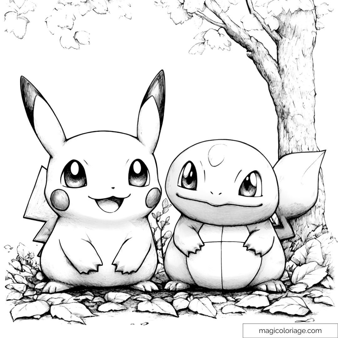 Dessin de Pikachu et Salamèche sous un arbre