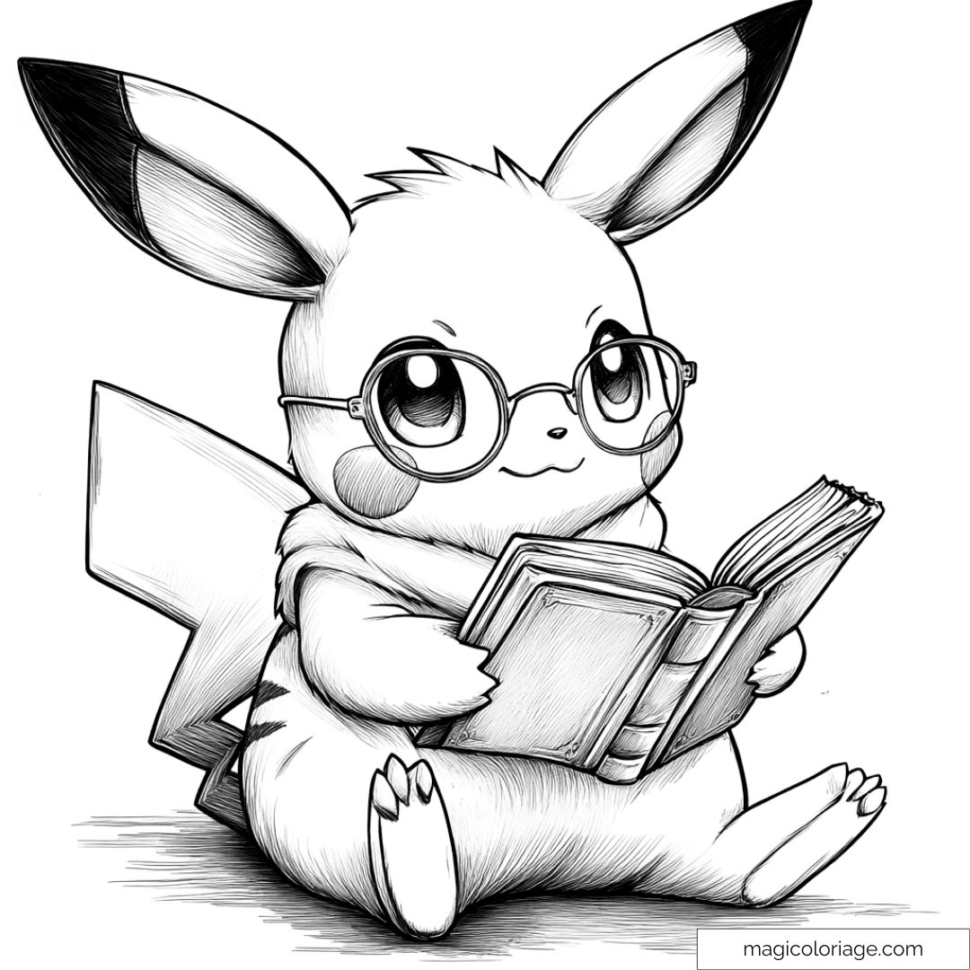 Pikachu lisant un livre avec des lunettes