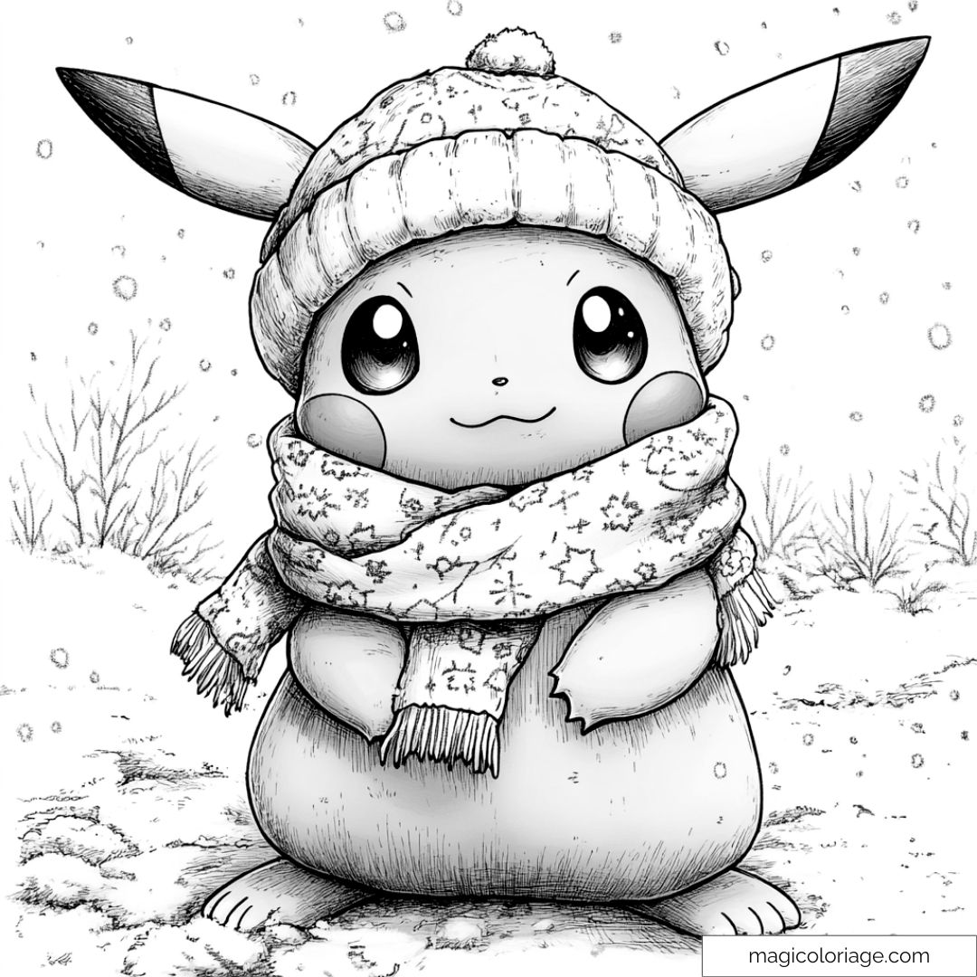 Pikachu en hiver avec bonnet et écharpe colorier Pokémon