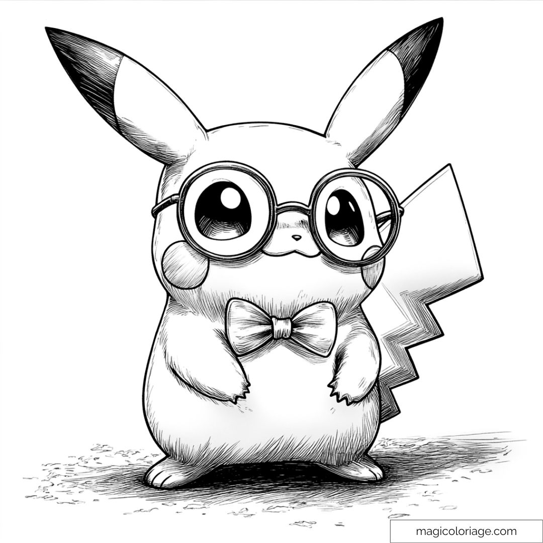 Coloriage Pikachu avec lunettes et nœud papillon mignon
