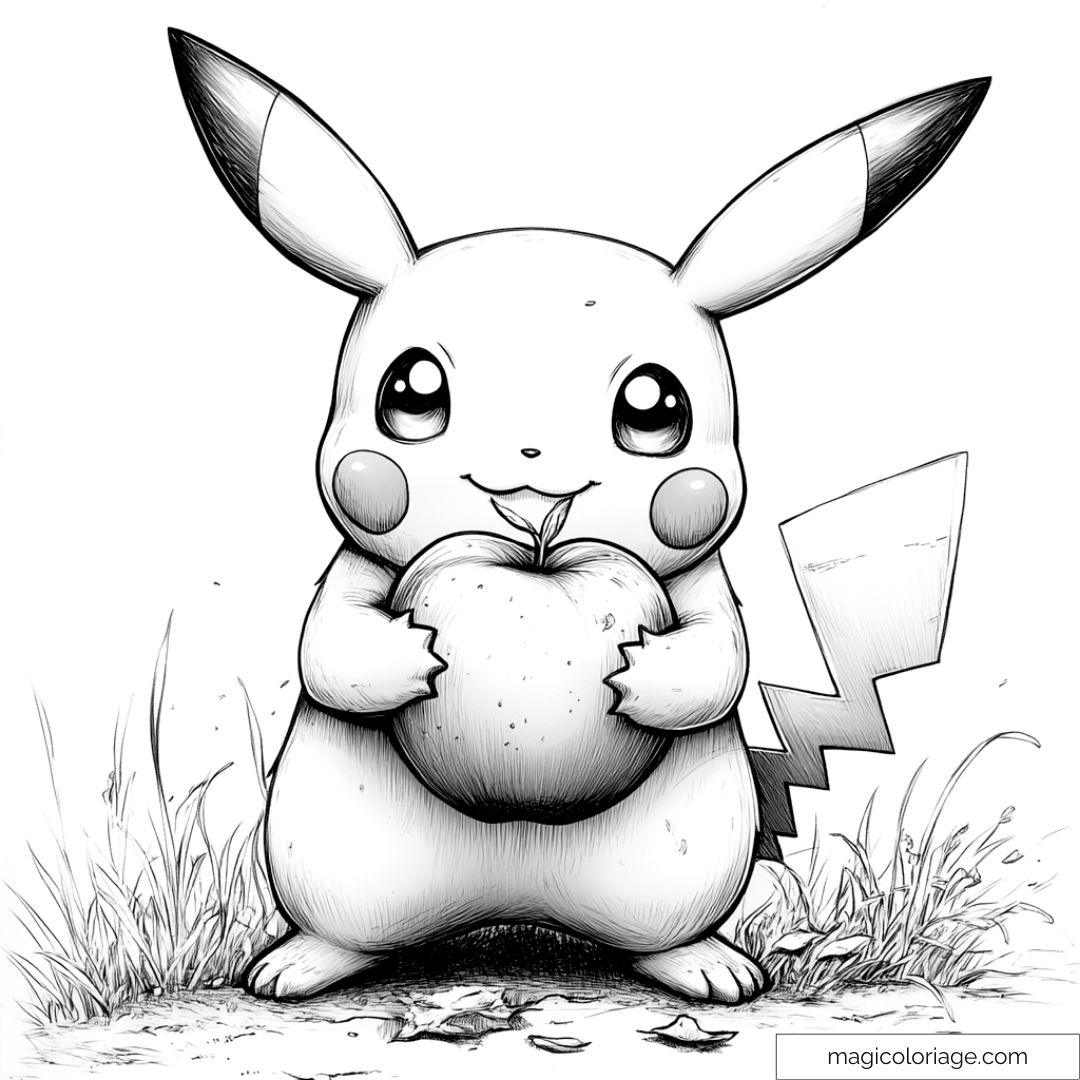 Dessin de Pikachu avec une pomme dans un champ