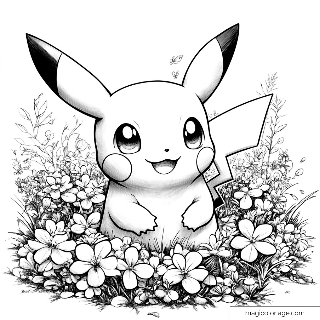 Dessin de Pikachu entouré de fleurs à colorier