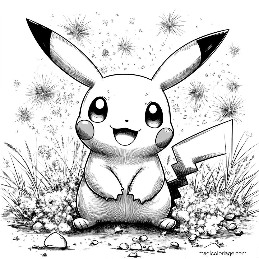 Dessin à colorier de Pikachu entouré de fleurs et d'herbes