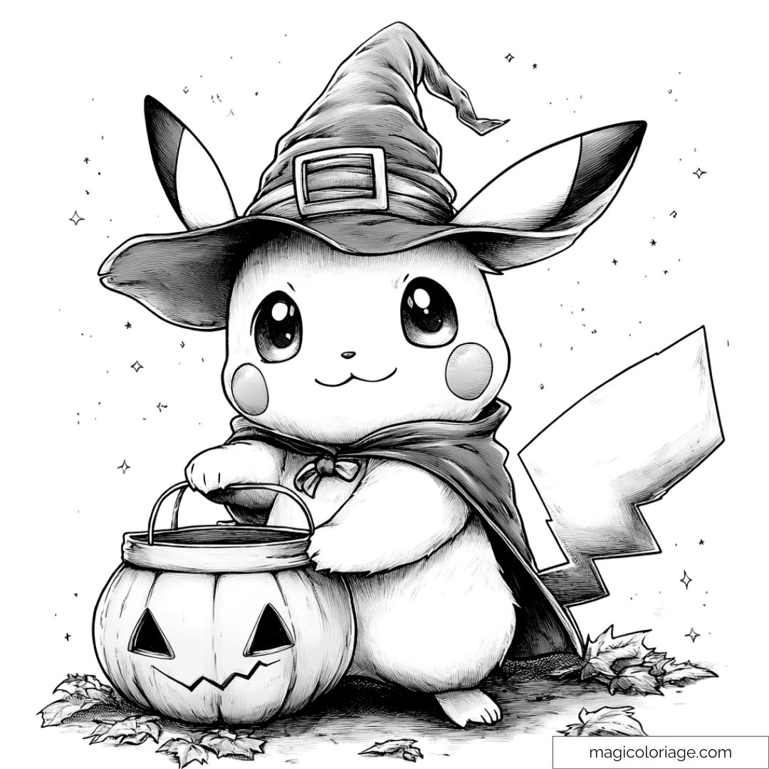 Pikachu déguisé en sorcier avec un chapeau et une citrouille