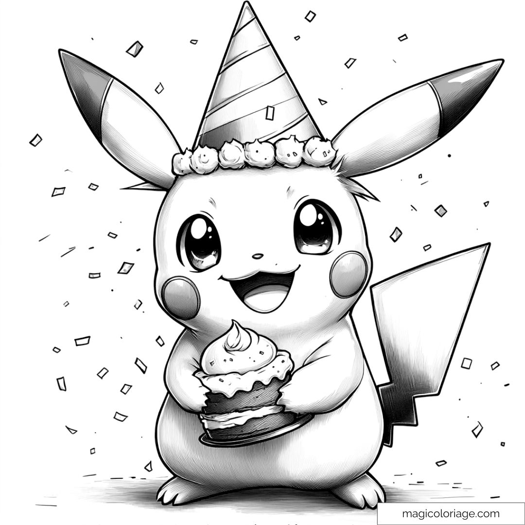 Pikachu avec chapeau de fête tenant un gâteau d'anniversaire