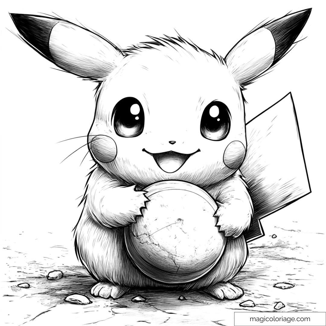 Pikachu joyeux tenant une boule au sol