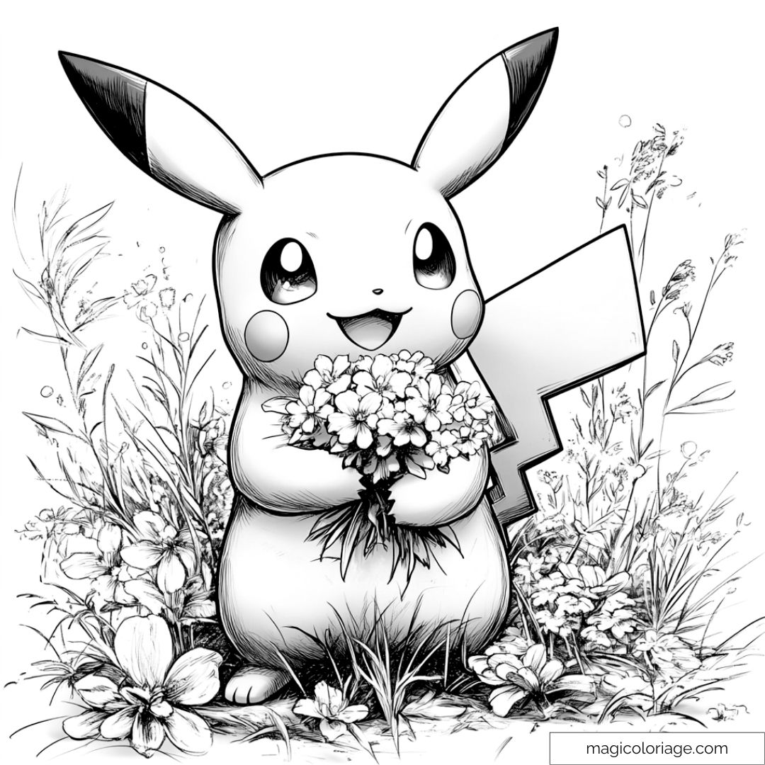 Coloriage Pikachu tenant des fleurs