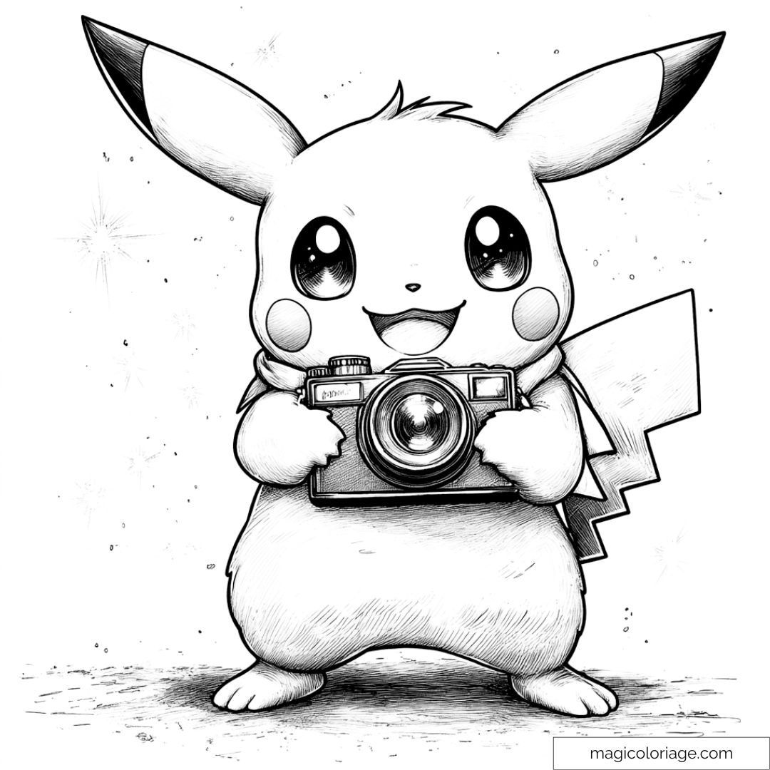 Dessin à colorier de Pikachu tenant un appareil photo