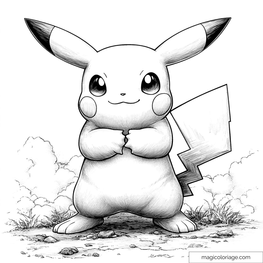 Coloriage Pikachu debout dans la nature avec son sourire emblématique.