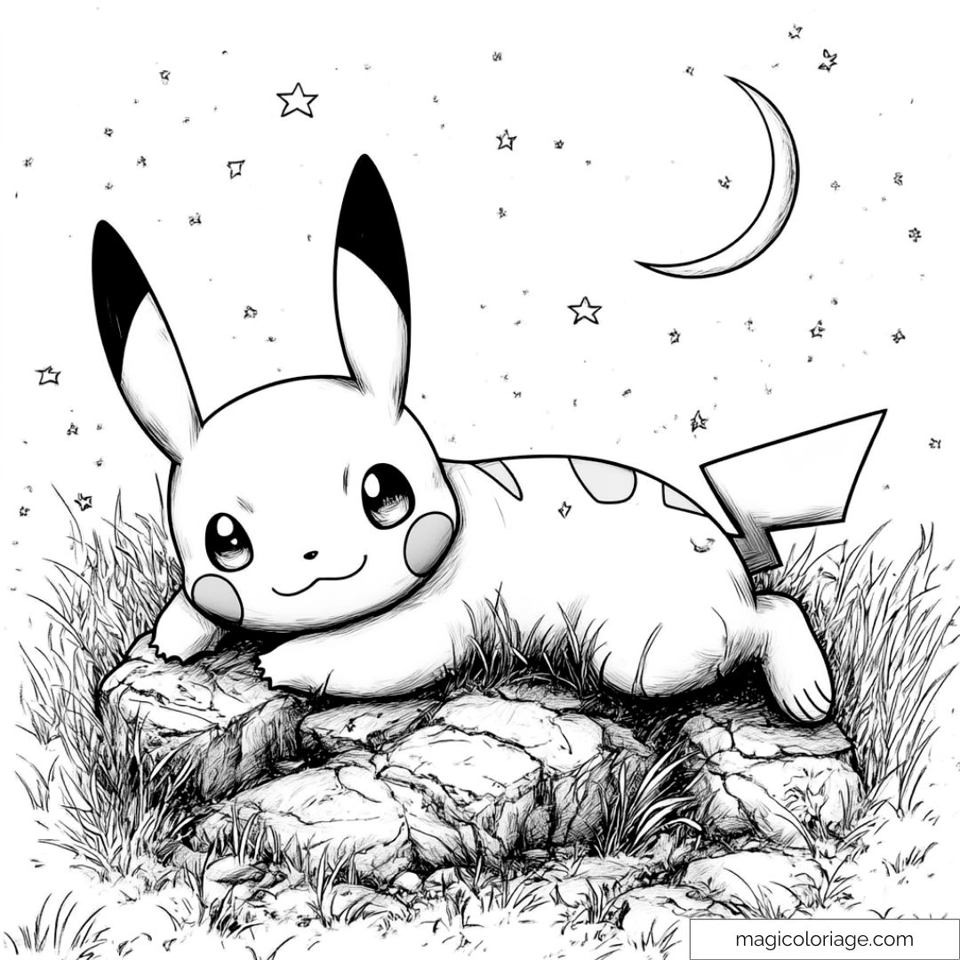 Dessin de Pikachu couché sur des rochers sous un ciel étoilé.